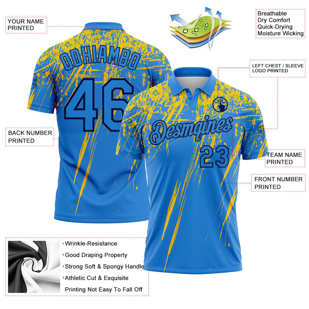 Custom Powder Blue Yellow-Navy Distressed Scratch Brush Stroke Performance Polo Shirt view 3