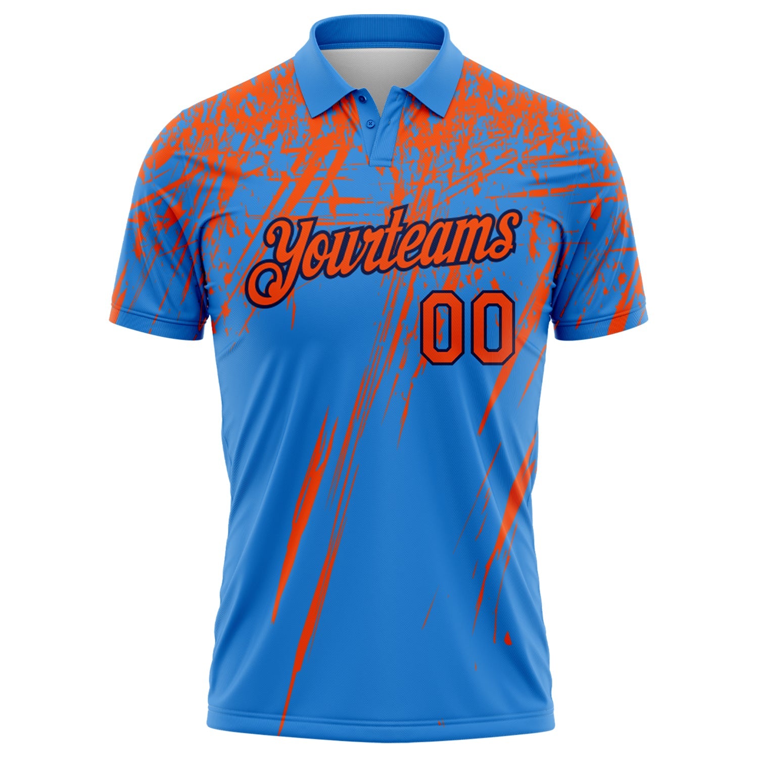 Custom Powder Blue Orange-Navy Distressed Scratch Brush Stroke Performance Polo Shirt view 2