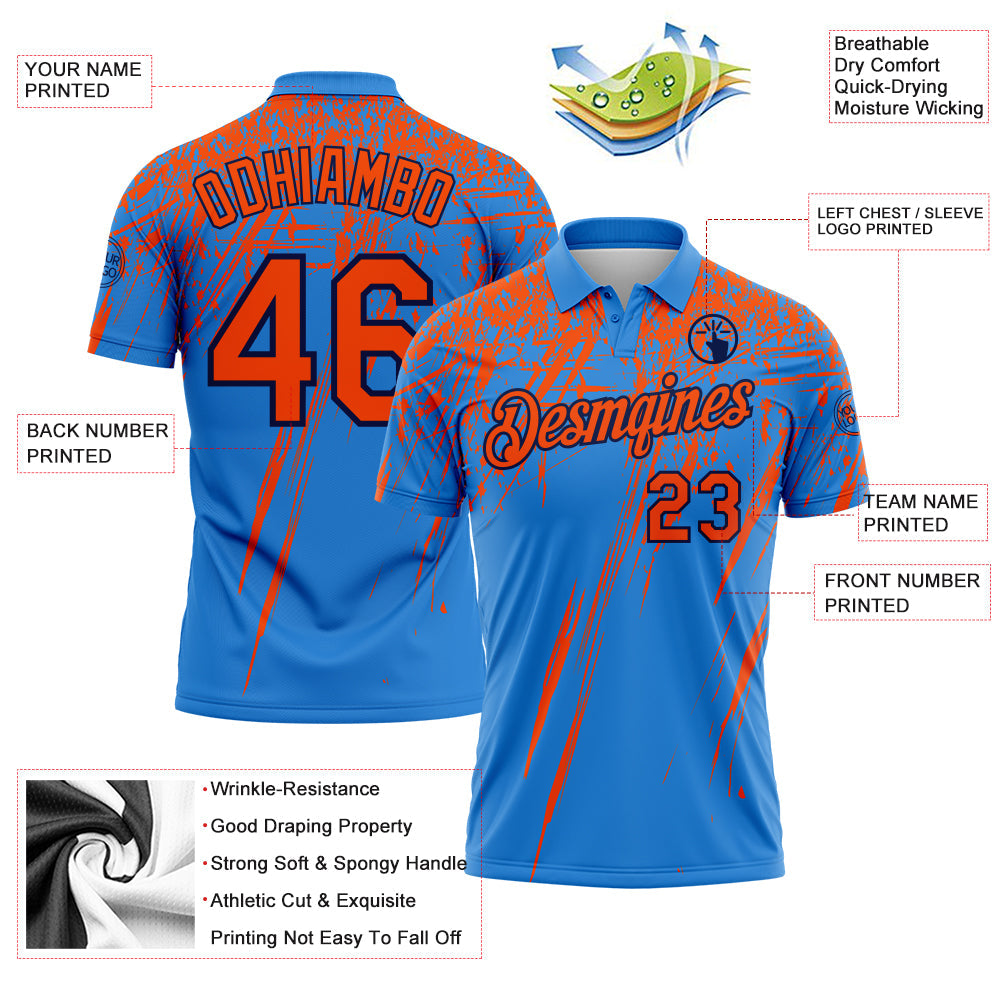 Custom Powder Blue Orange-Navy Distressed Scratch Brush Stroke Performance Polo Shirt view 3