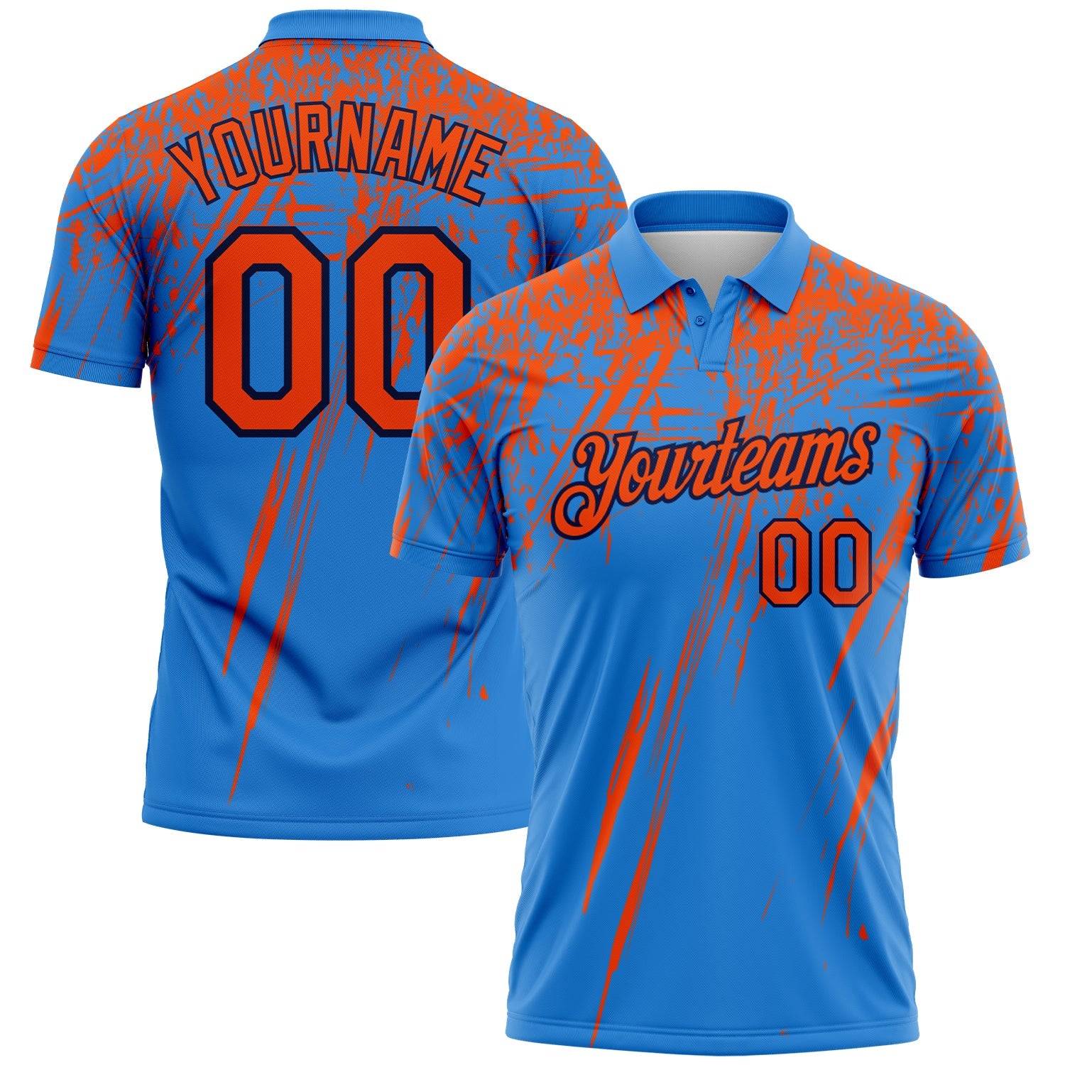 Custom Powder Blue Orange-Navy Distressed Scratch Brush Stroke Performance Polo Shirt - Main View
