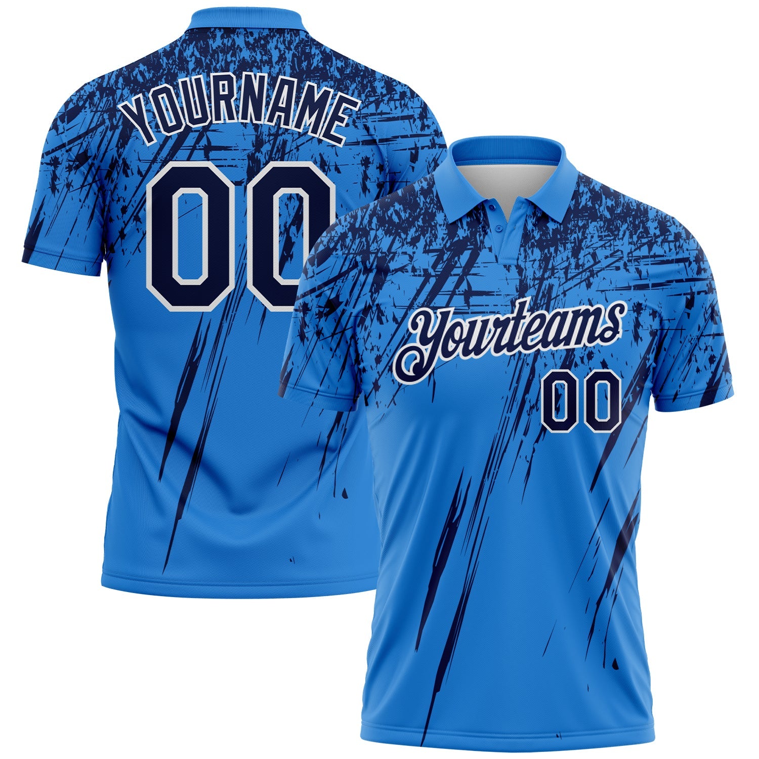 Custom Powder Blue Navy-White Distressed Scratch Brush Stroke Performance Polo Shirt - Main View