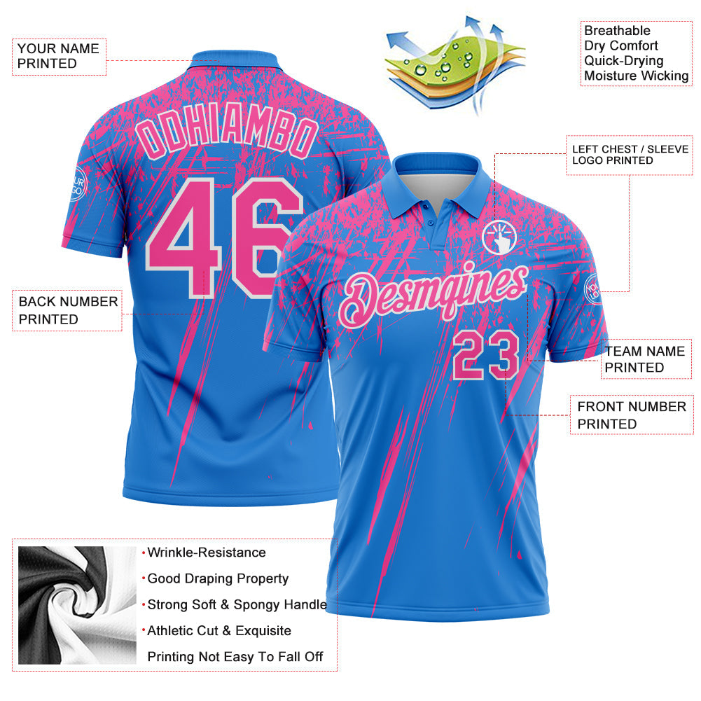 Custom Powder Blue Pink-White Distressed Scratch Brush Stroke Performance Polo Shirt view 3