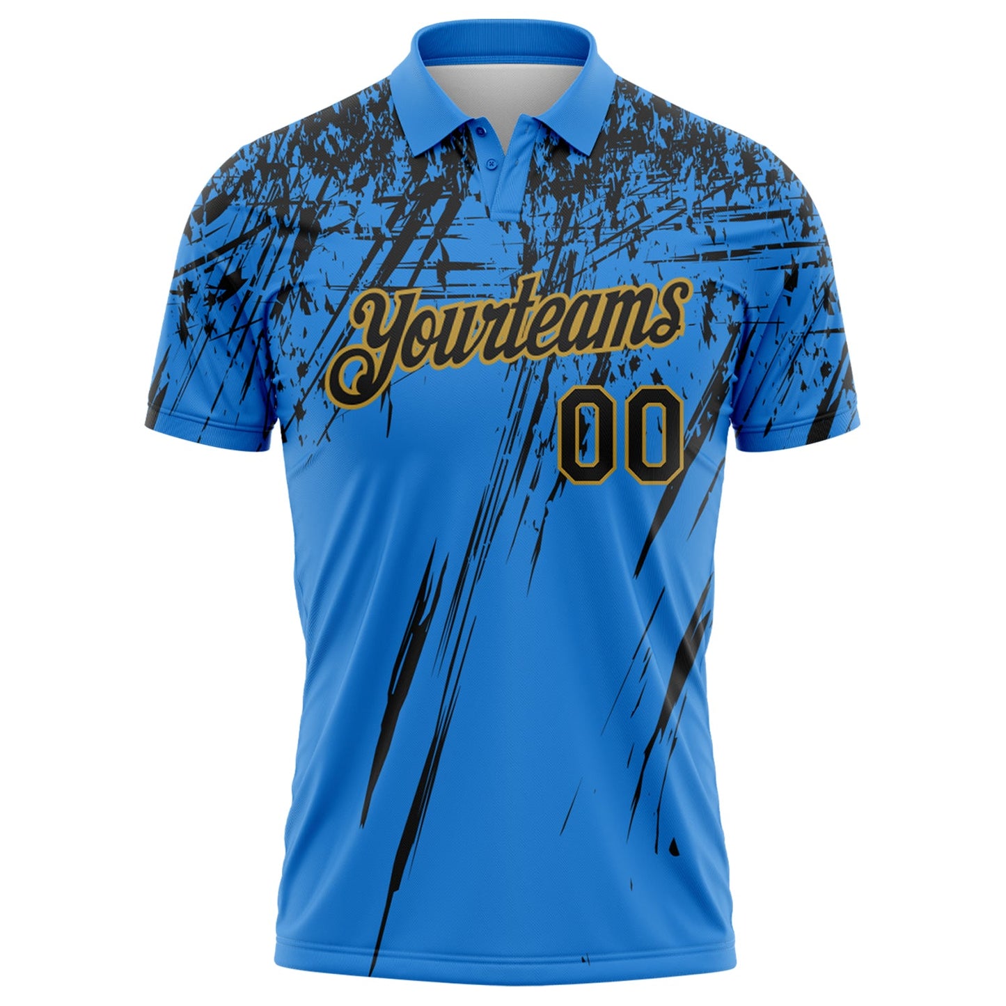 Custom Powder Blue Black-Old Gold Distressed Scratch Brush Stroke Performance Polo Shirt view 2