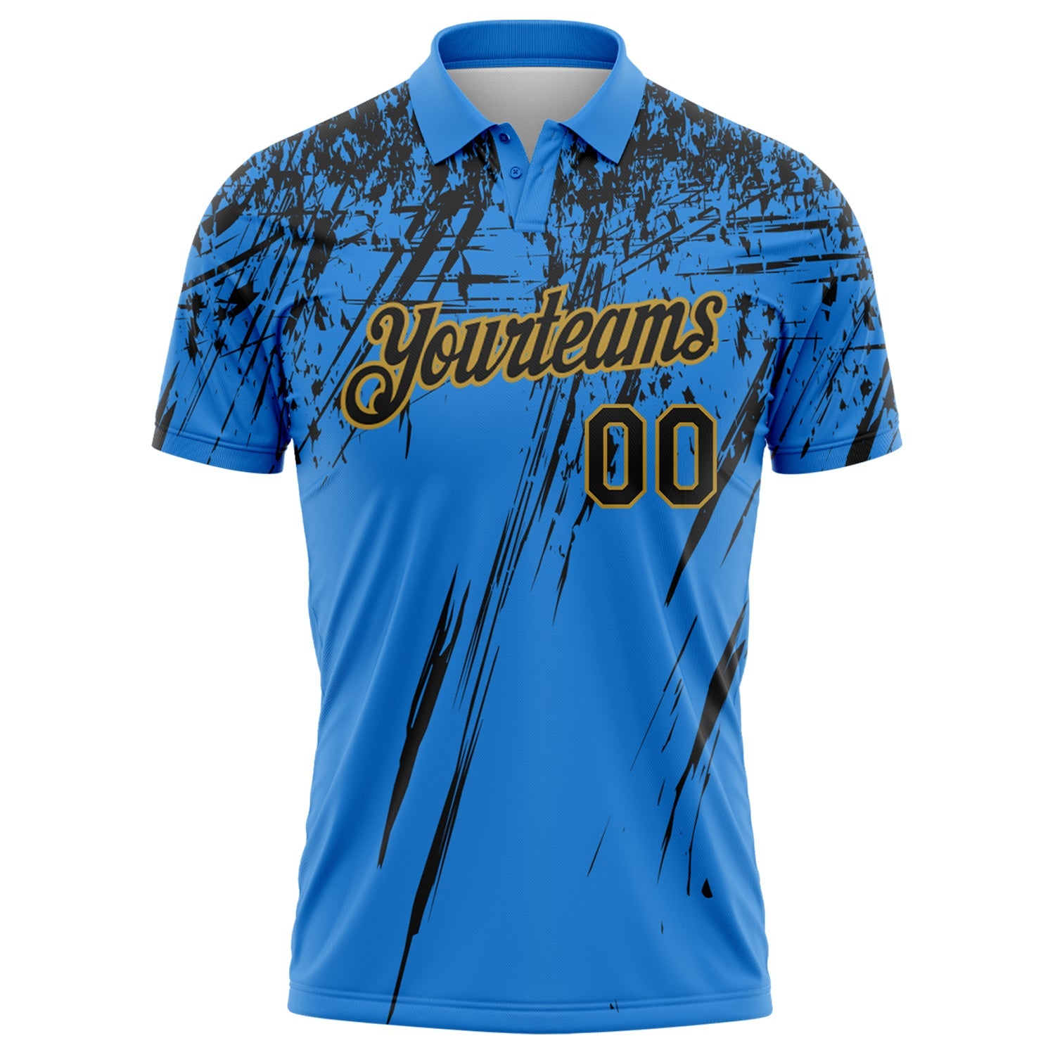Custom Powder Blue Black-Old Gold Distressed Scratch Brush Stroke Performance Polo Shirt view 2