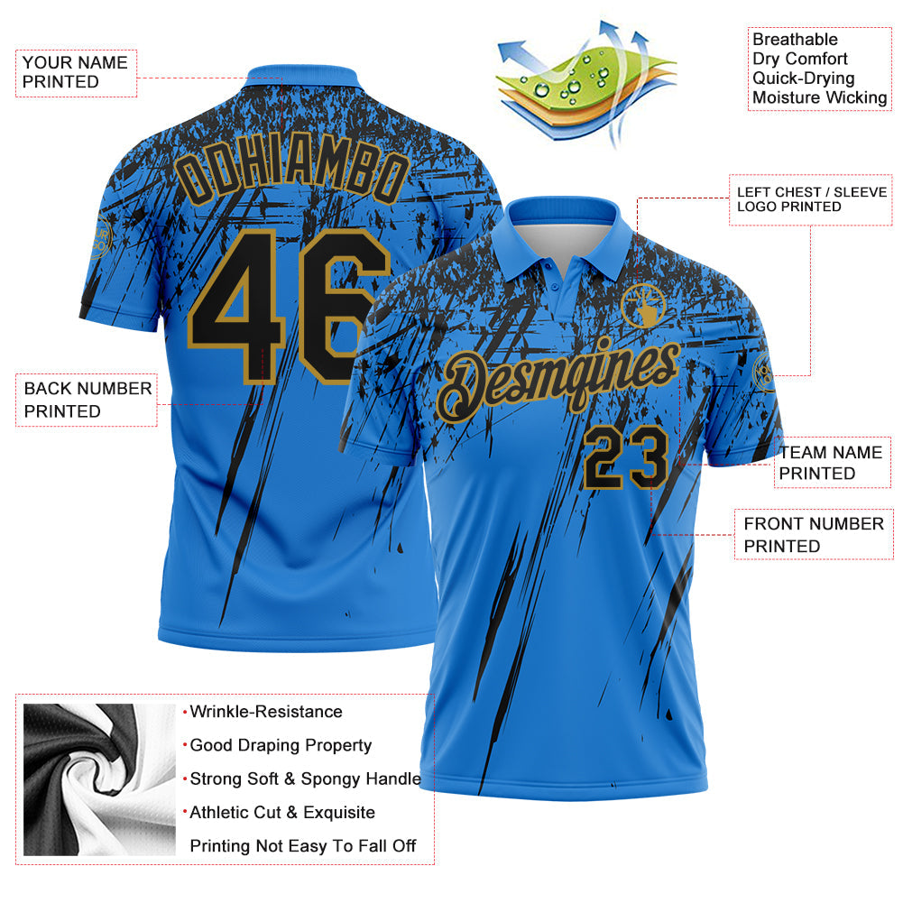 Custom Powder Blue Black-Old Gold Distressed Scratch Brush Stroke Performance Polo Shirt view 3