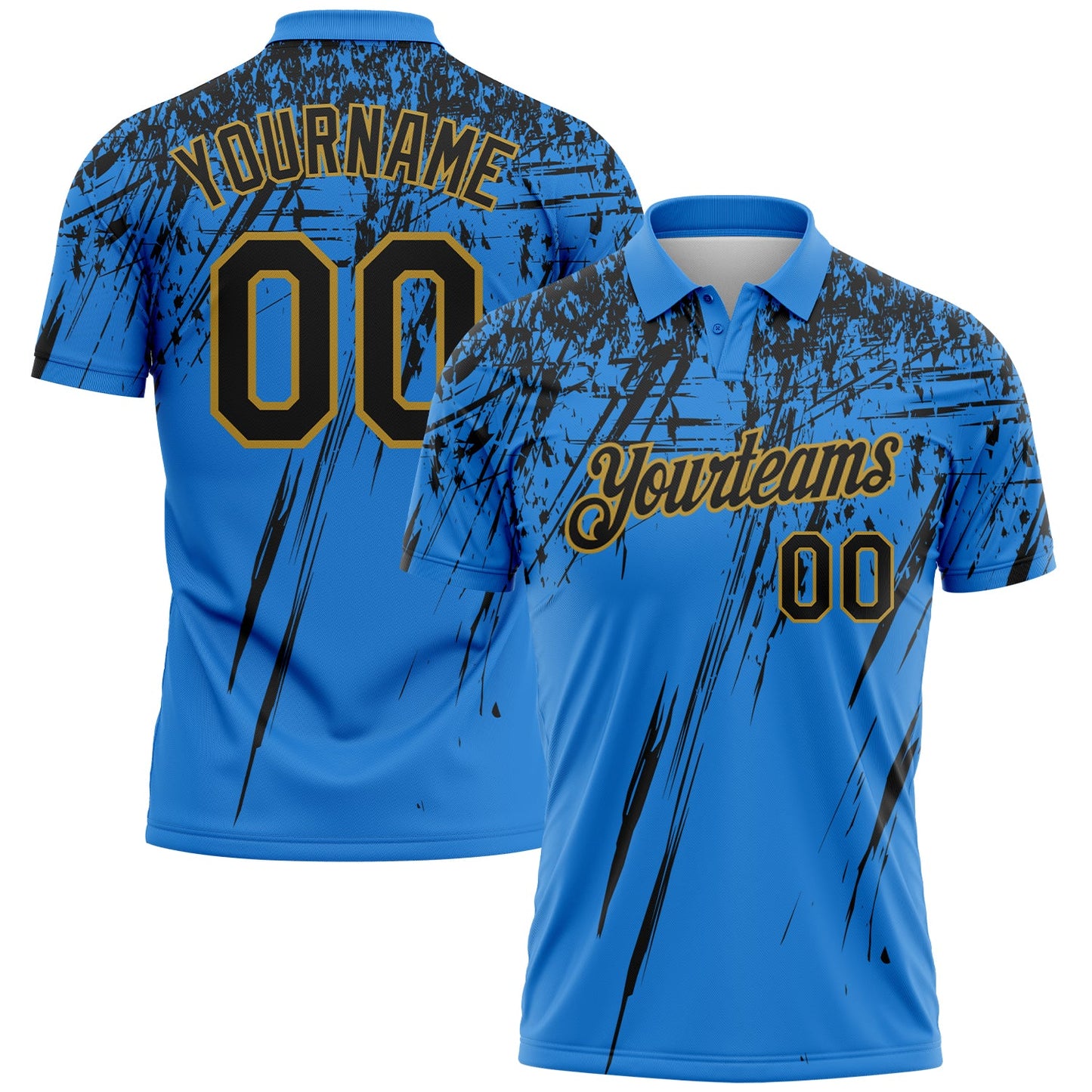 Custom Powder Blue Black-Old Gold Distressed Scratch Brush Stroke Performance Polo Shirt - Main View