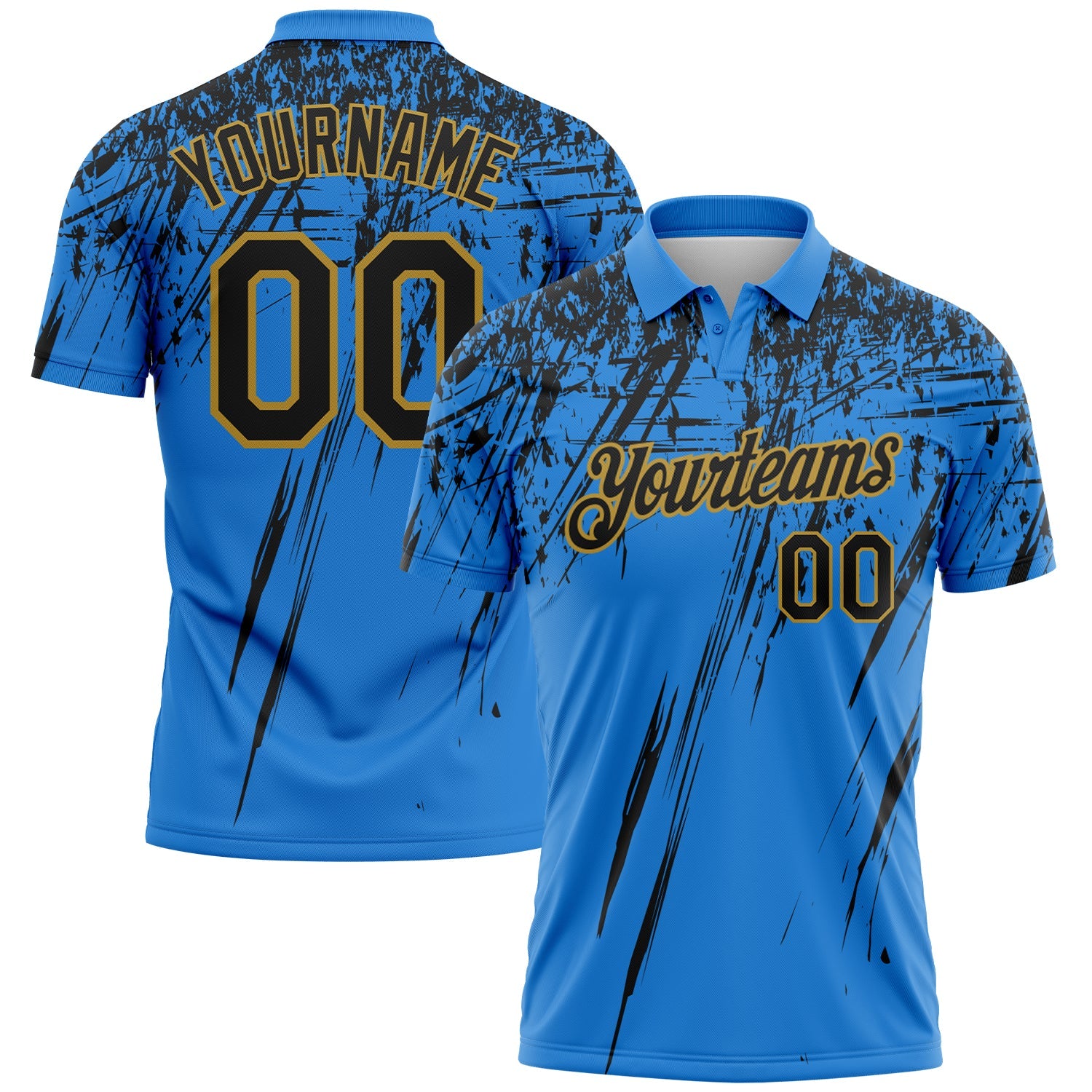 Custom Powder Blue Black-Old Gold Distressed Scratch Brush Stroke Performance Polo Shirt - Main View