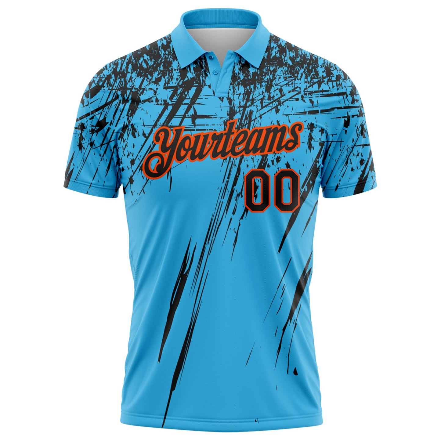 Custom Sky Blue Black-Orange Distressed Scratch Brush Stroke Performance Polo Shirt view 2