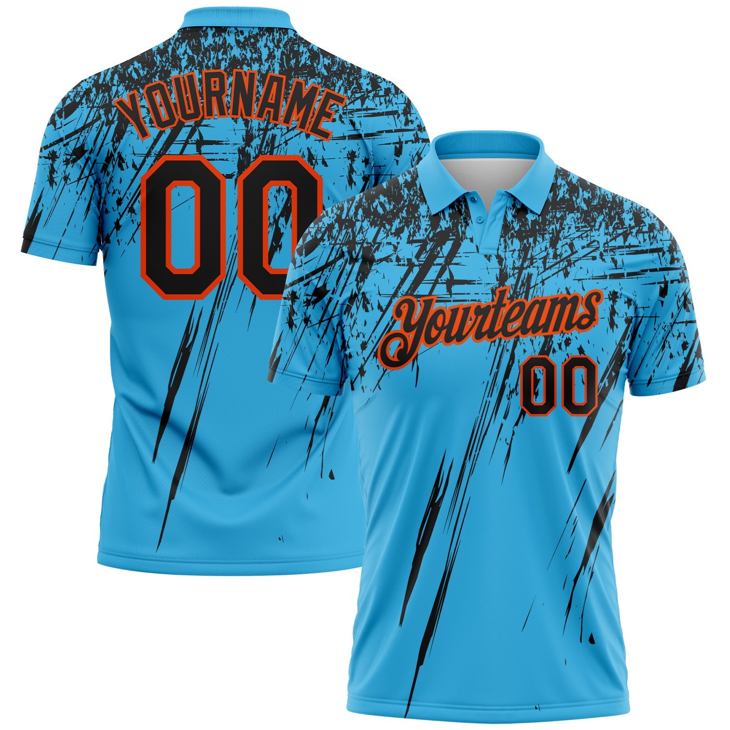 Custom Sky Blue Black-Orange Distressed Scratch Brush Stroke Performance Polo Shirt - Main View