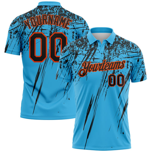 Custom Sky Blue Black-Orange Distressed Scratch Brush Stroke Performance Polo Shirt - Main View