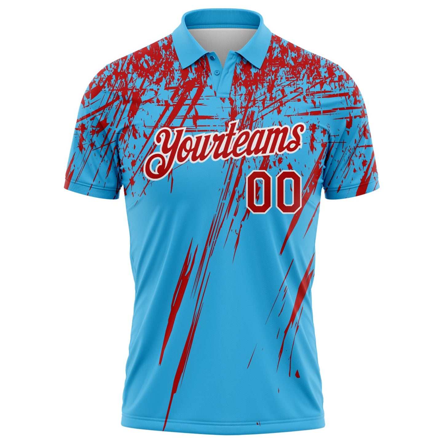 Custom Sky Blue Red-White Distressed Scratch Brush Stroke Performance Polo Shirt view 2
