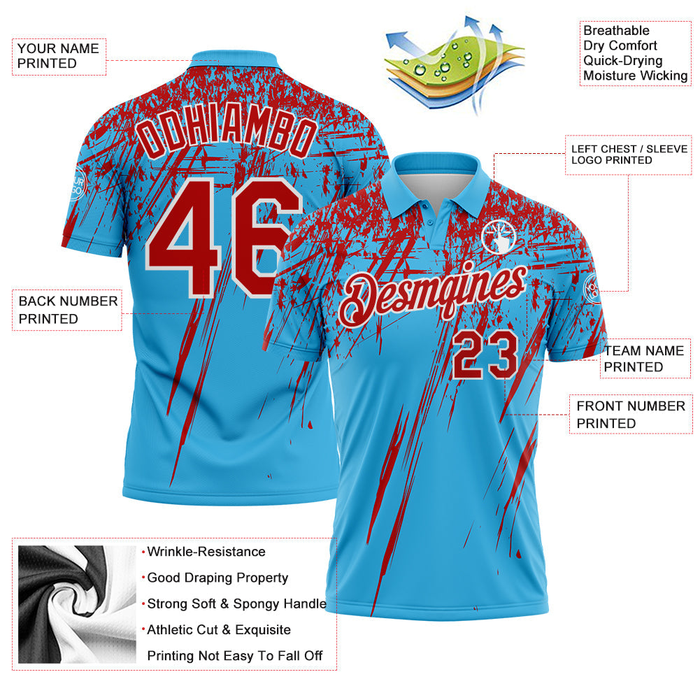 Custom Sky Blue Red-White Distressed Scratch Brush Stroke Performance Polo Shirt view 3