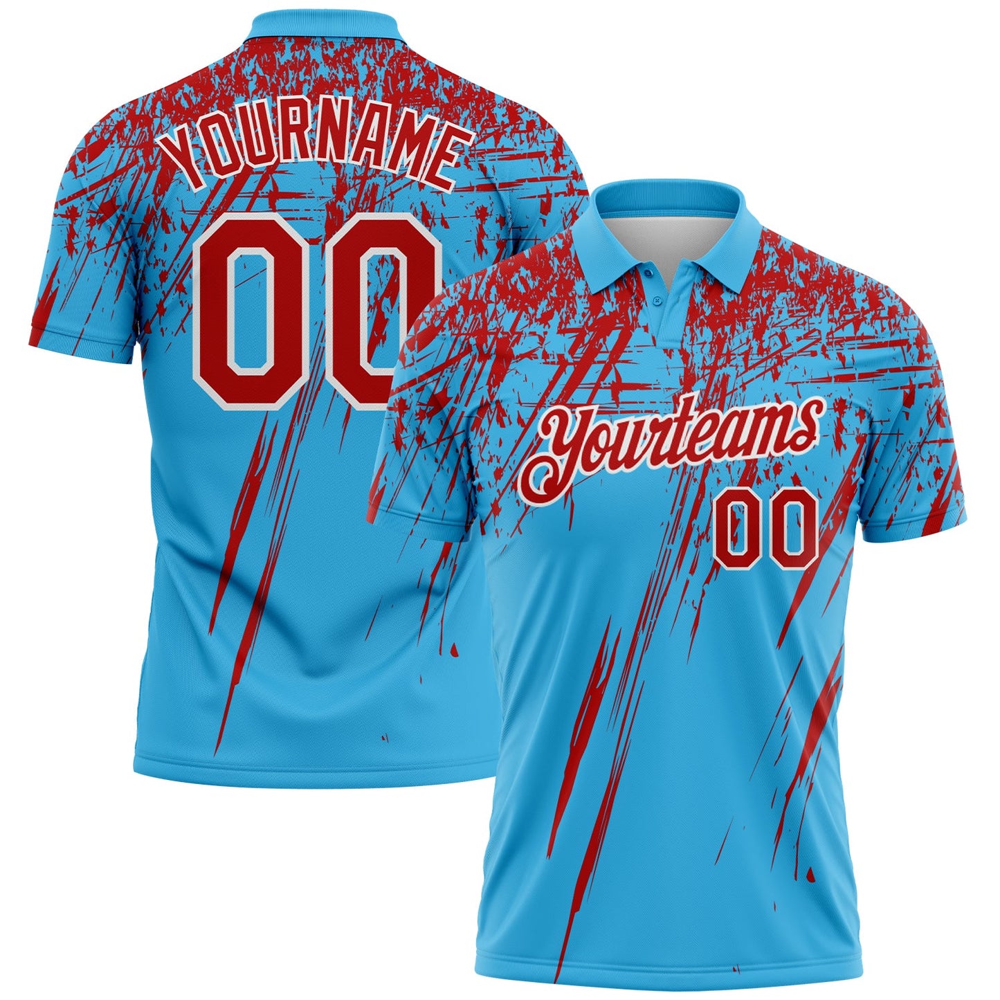 Custom Sky Blue Red-White Distressed Scratch Brush Stroke Performance Polo Shirt - Main View