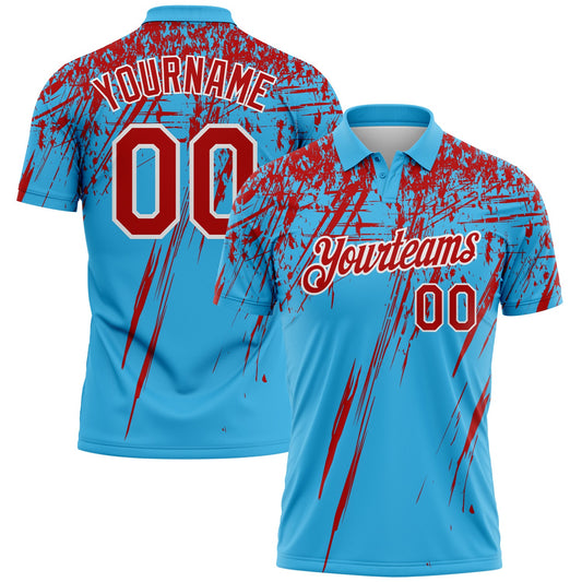 Custom Sky Blue Red-White Distressed Scratch Brush Stroke Performance Polo Shirt - Main View