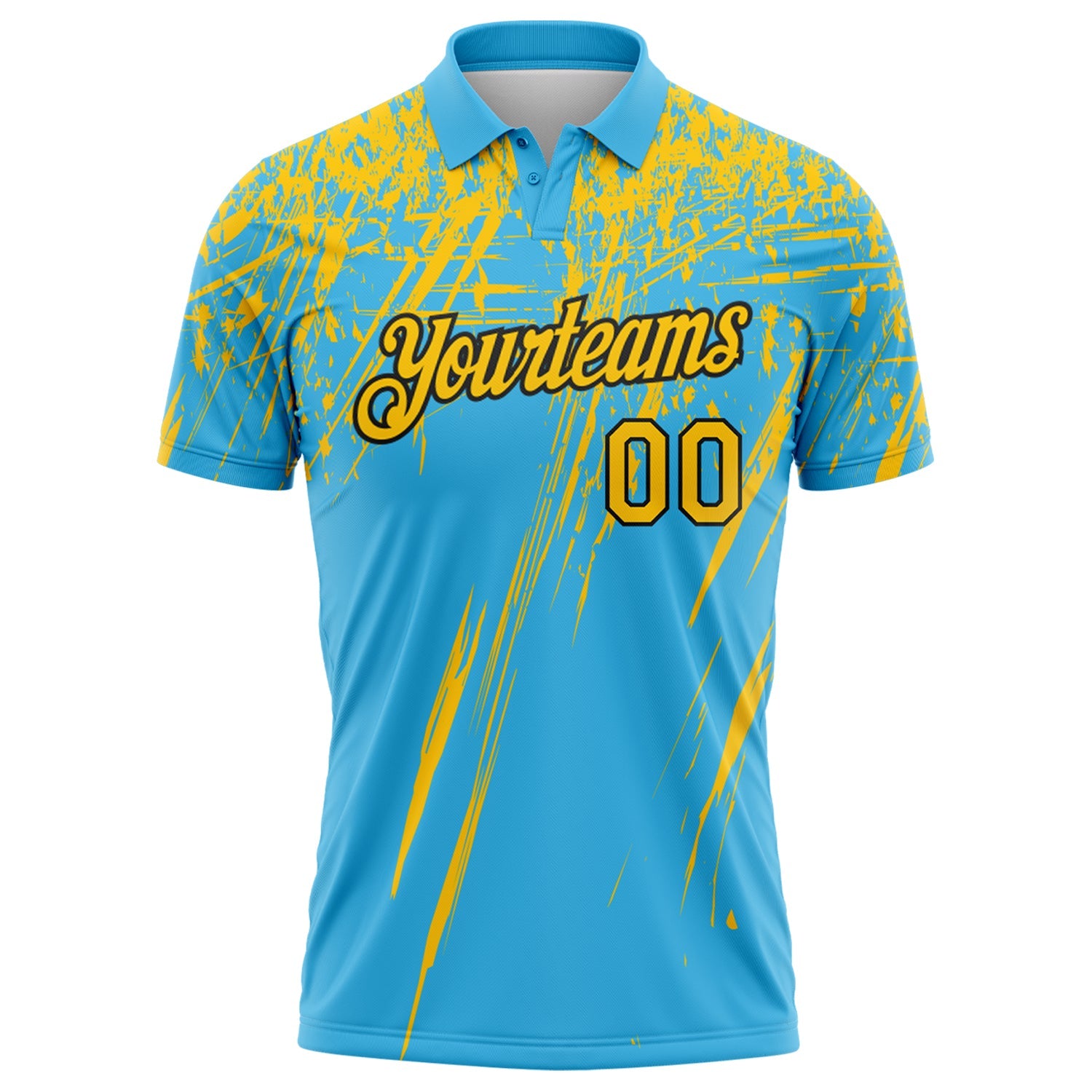 Custom Sky Blue Yellow-Black Distressed Scratch Brush Stroke Performance Polo Shirt view 2