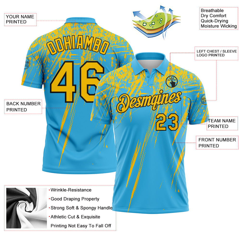 Custom Sky Blue Yellow-Black Distressed Scratch Brush Stroke Performance Polo Shirt view 3