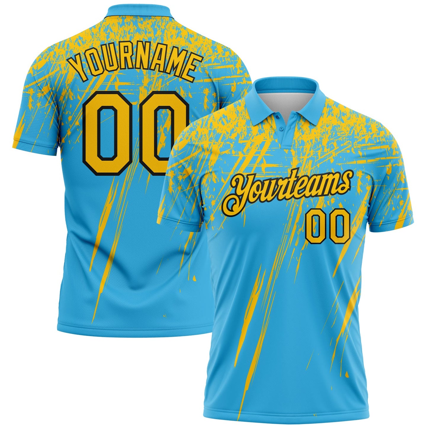 Custom Sky Blue Yellow-Black Distressed Scratch Brush Stroke Performance Polo Shirt - Main View