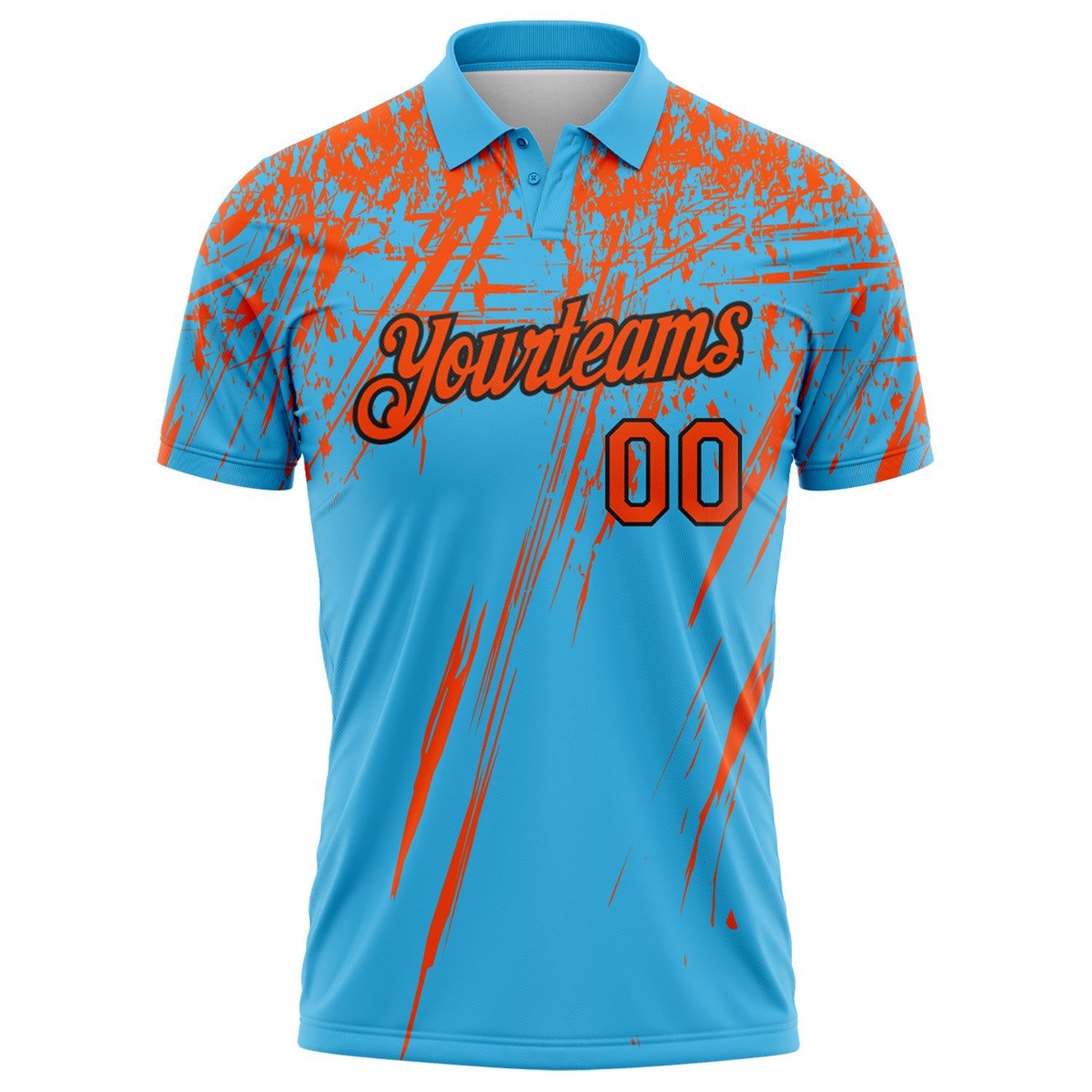 Custom Sky Blue Orange-Black Distressed Scratch Brush Stroke Performance Polo Shirt view 2