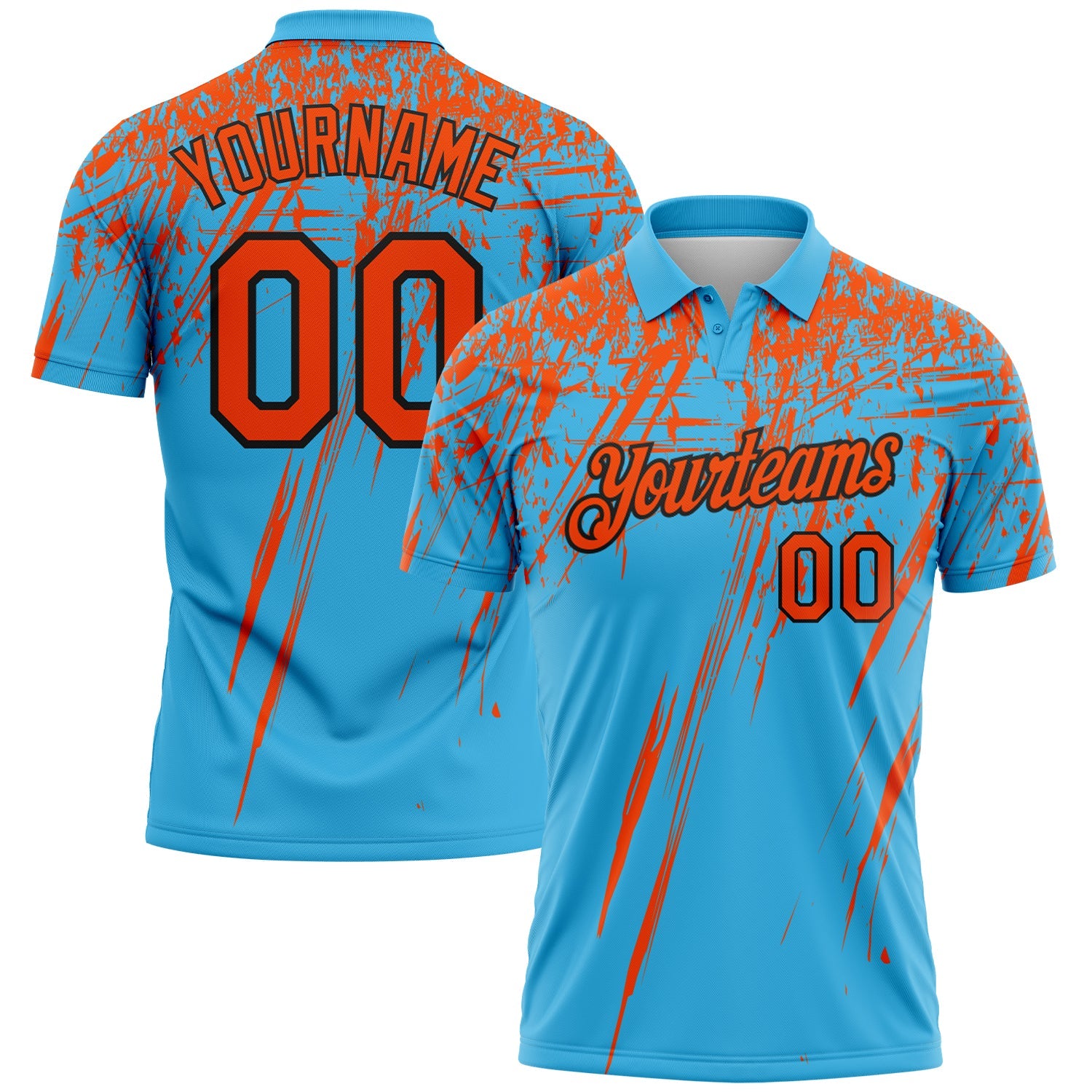 Custom Sky Blue Orange-Black Distressed Scratch Brush Stroke Performance Polo Shirt - Main View