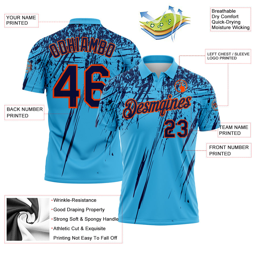Custom Sky Blue Navy-Orange Distressed Scratch Brush Stroke Performance Polo Shirt view 3