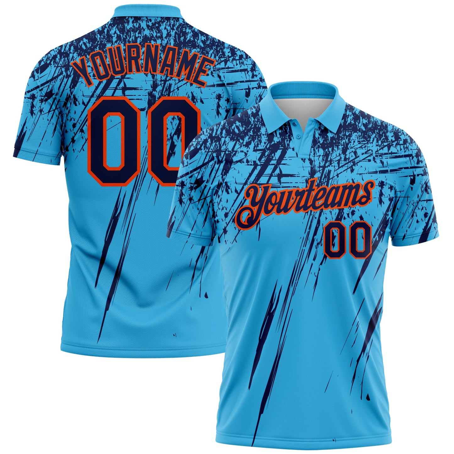 Custom Sky Blue Navy-Orange Distressed Scratch Brush Stroke Performance Polo Shirt - Main View
