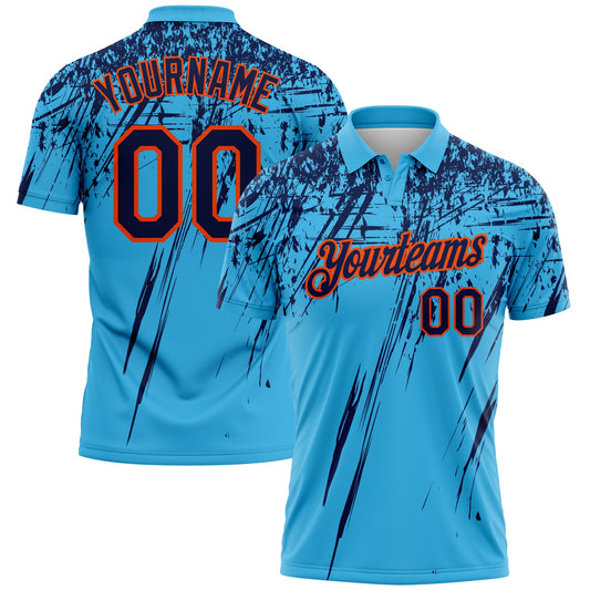 Custom Sky Blue Navy-Orange Distressed Scratch Brush Stroke Performance Polo Shirt - Main View