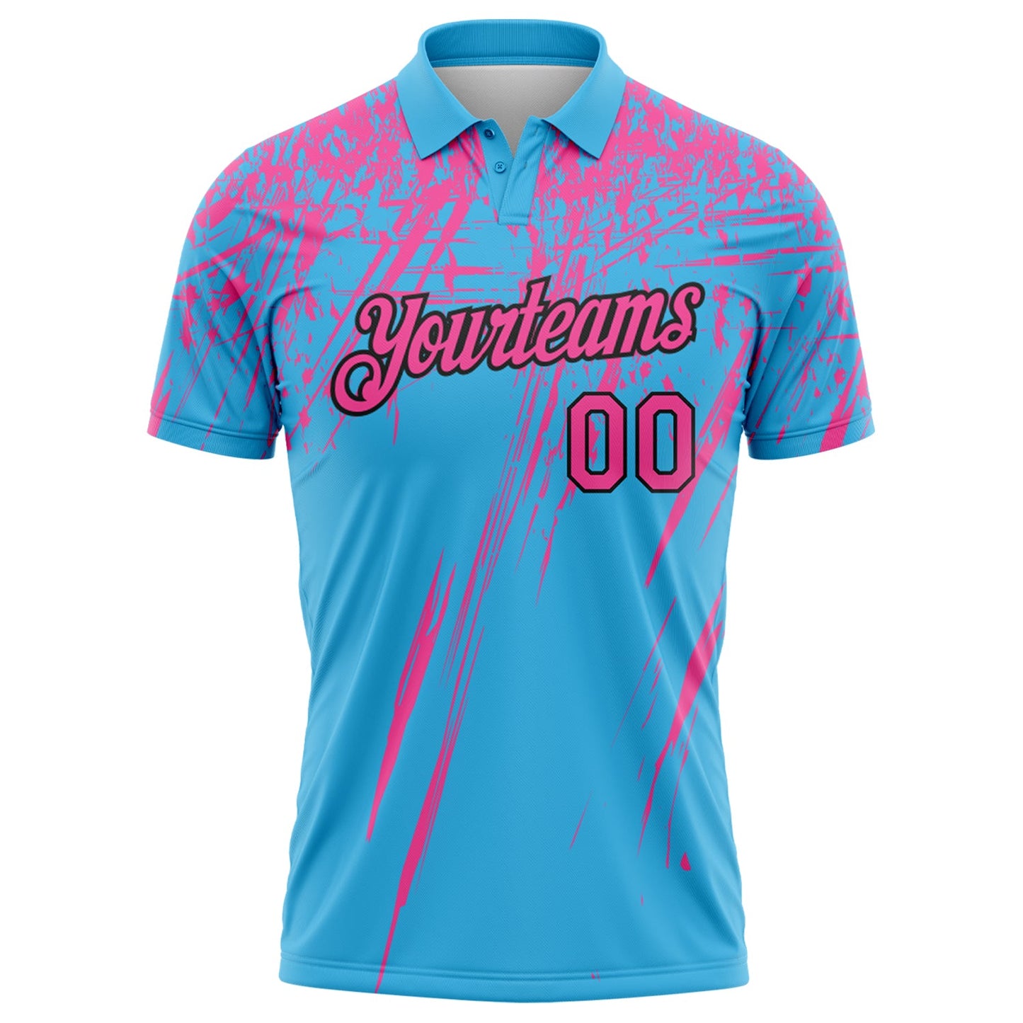 Custom Sky Blue Pink-Black Distressed Scratch Brush Stroke Performance Polo Shirt view 2