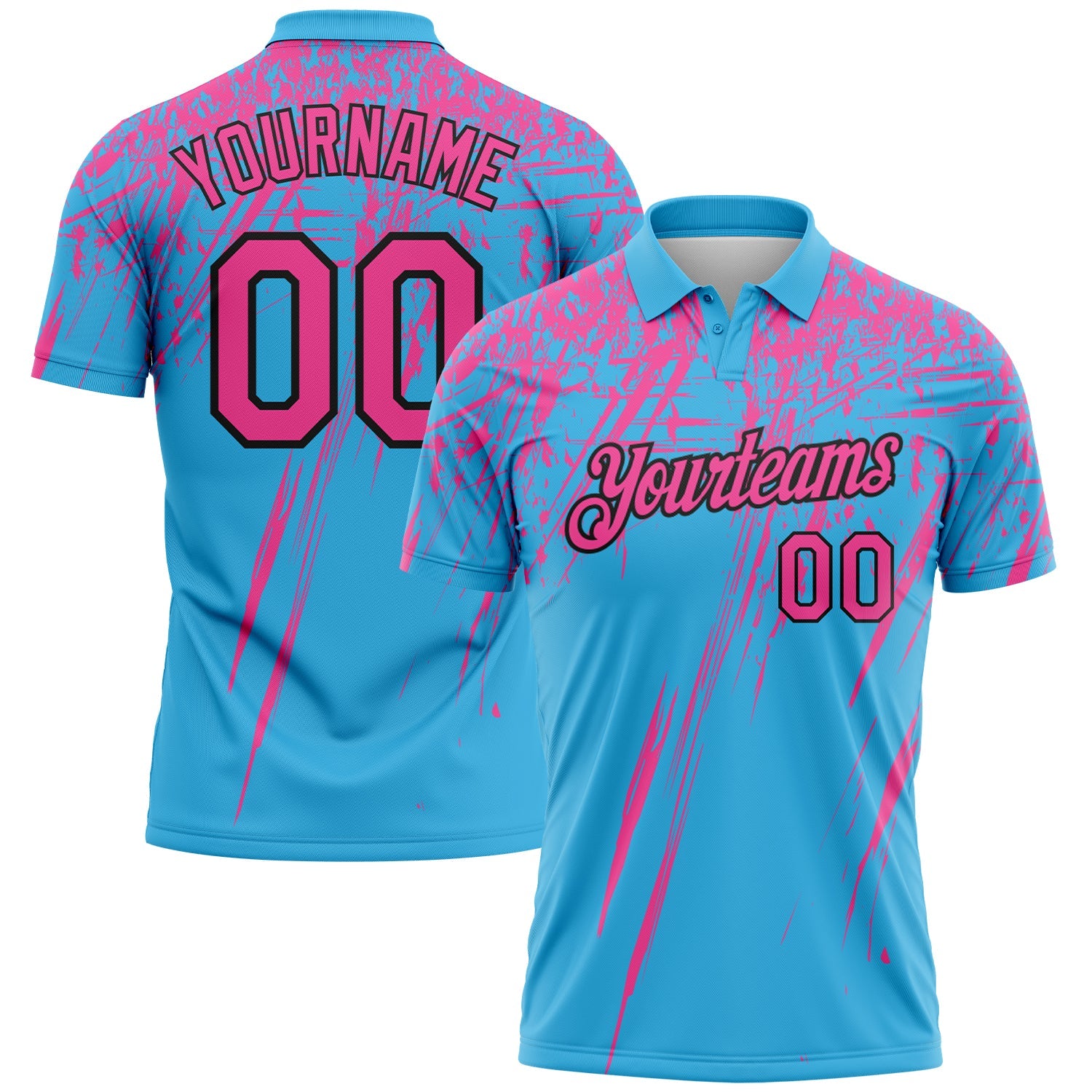 Custom Sky Blue Pink-Black Distressed Scratch Brush Stroke Performance Polo Shirt - Main View