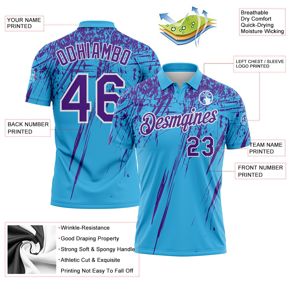 Custom Sky Blue Purple-White Distressed Scratch Brush Stroke Performance Polo Shirt view 3