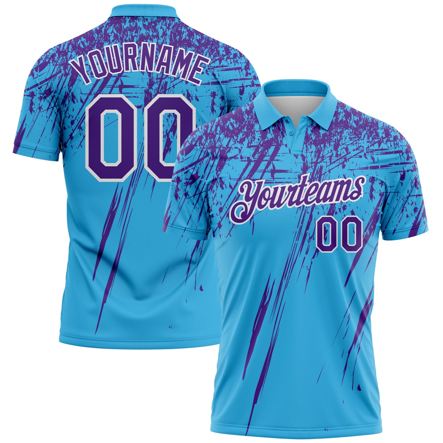 Custom Sky Blue Purple-White Distressed Scratch Brush Stroke Performance Polo Shirt - Main View