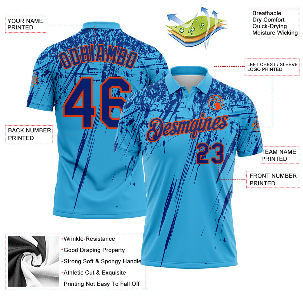 Custom Sky Blue Royal-Orange Distressed Scratch Brush Stroke Performance Polo Shirt view 3