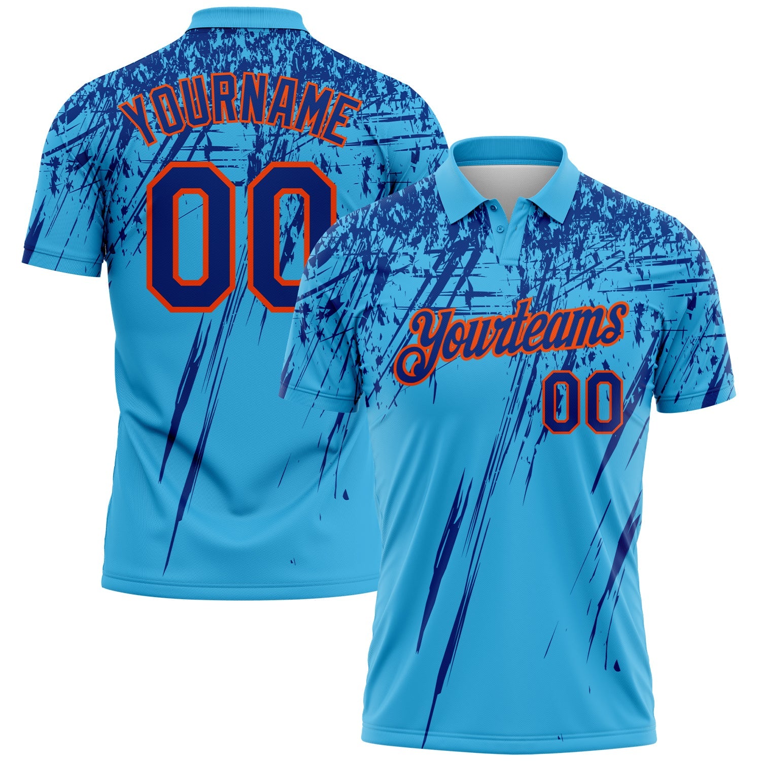 Custom Sky Blue Royal-Orange Distressed Scratch Brush Stroke Performance Polo Shirt - Main View