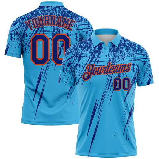 Custom Sky Blue Royal-Orange Distressed Scratch Brush Stroke Performance Polo Shirt - Main View