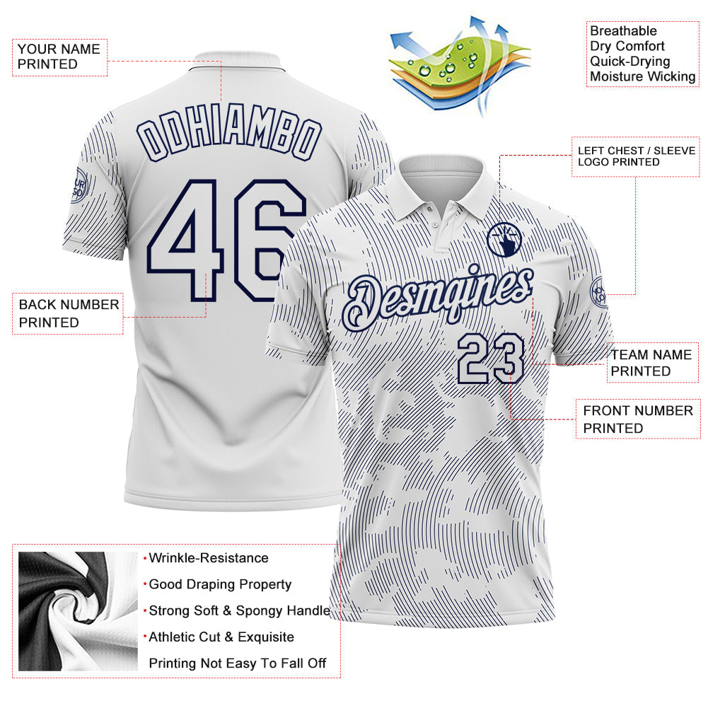 Custom White-Navy 3D Pattern Abstract Fluid Line Performance Polo Shirt view 3