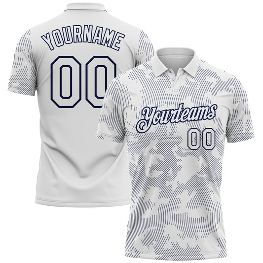 Custom White-Navy 3D Pattern Abstract Fluid Line Performance Polo Shirt - Main View