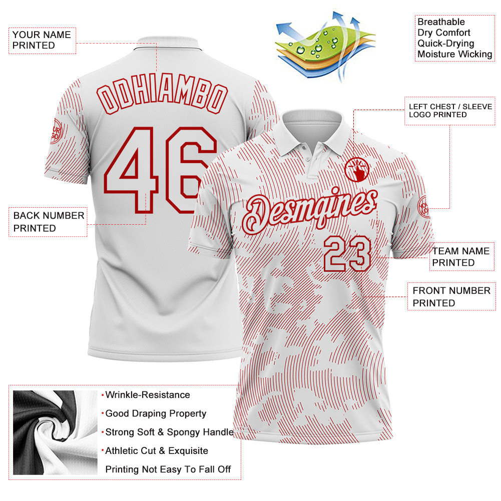 Custom White-Red 3D Pattern Abstract Fluid Line Performance Polo Shirt view 3