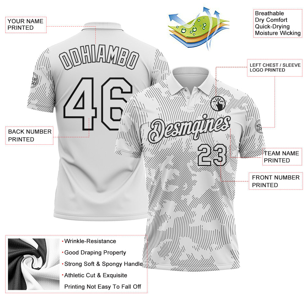 Custom White-Black 3D Pattern Abstract Fluid Line Performance Polo Shirt view 3
