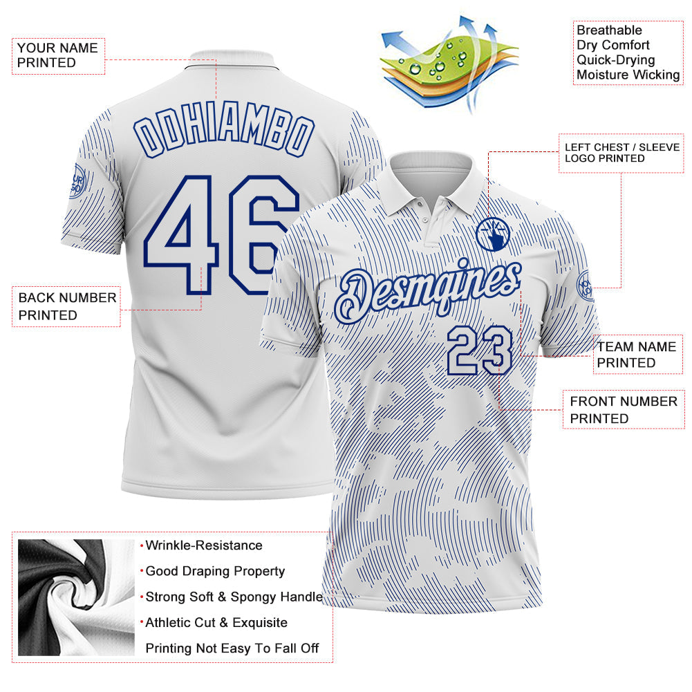Custom White-Royal 3D Pattern Abstract Fluid Line Performance Polo Shirt view 3