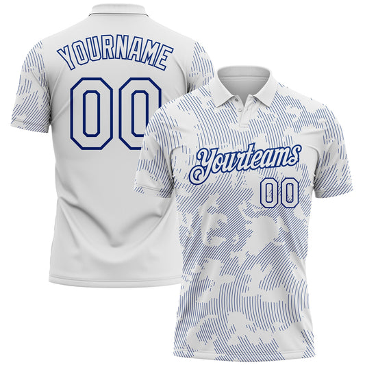 Custom White-Royal 3D Pattern Abstract Fluid Line Performance Polo Shirt - Main View