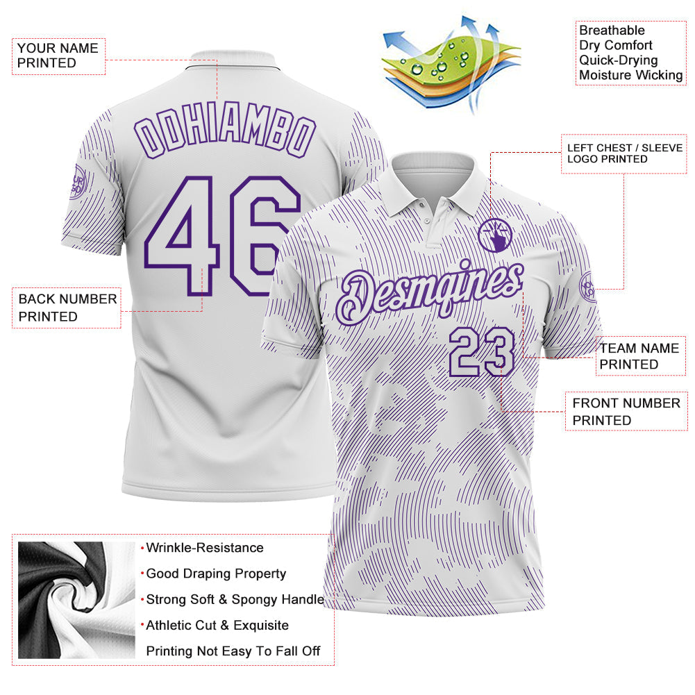 Custom White-Purple 3D Pattern Abstract Fluid Line Performance Polo Shirt view 3