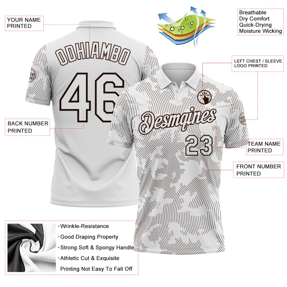 Custom White-Brown 3D Pattern Abstract Fluid Line Performance Polo Shirt view 3
