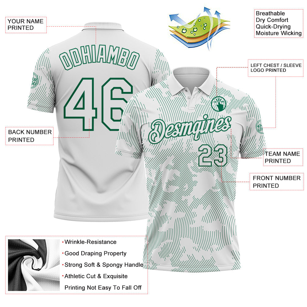 Custom White-Kelly Green 3D Pattern Abstract Fluid Line Performance Polo Shirt view 3