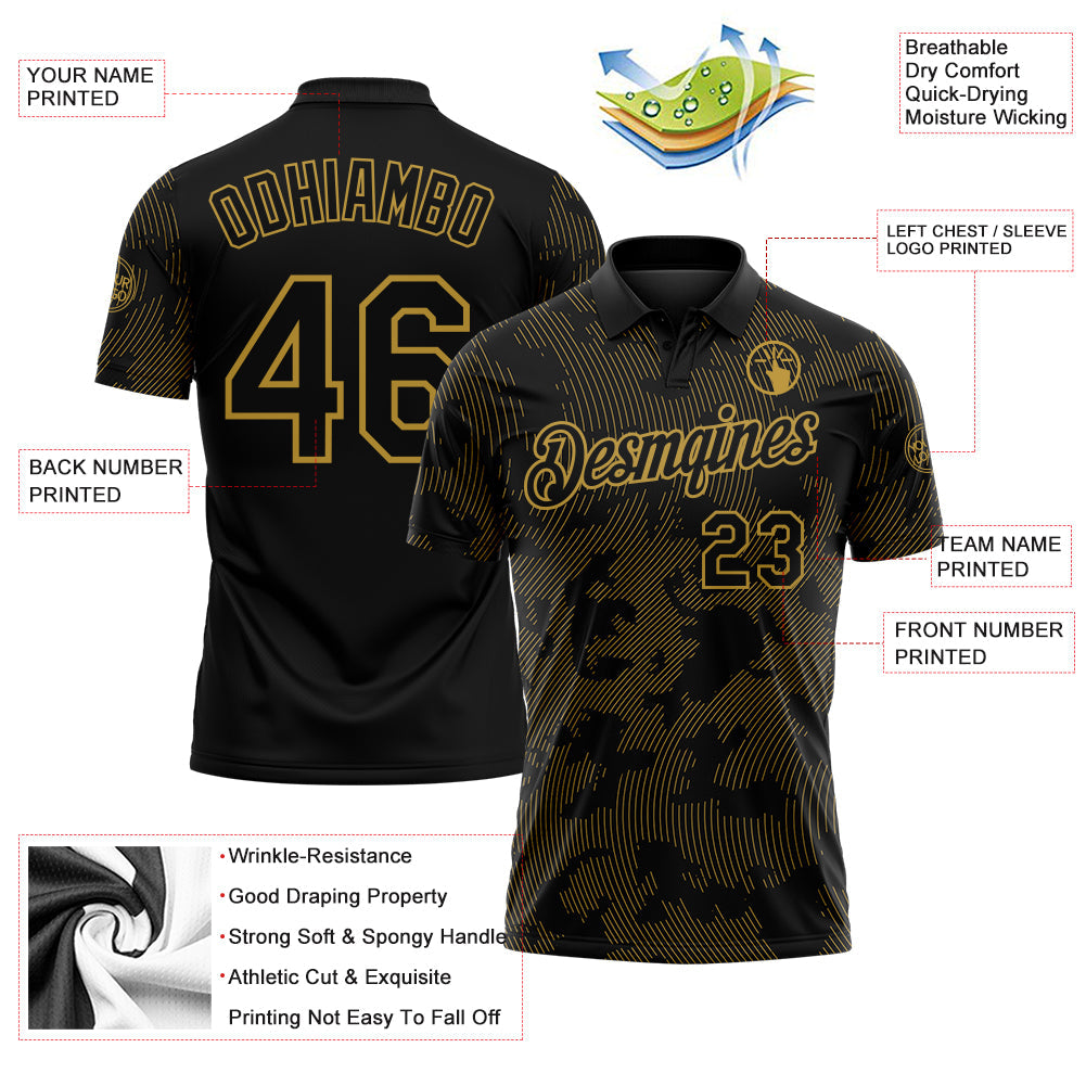 Custom Black-Old Gold 3D Pattern Abstract Fluid Line Performance Polo Shirt view 3