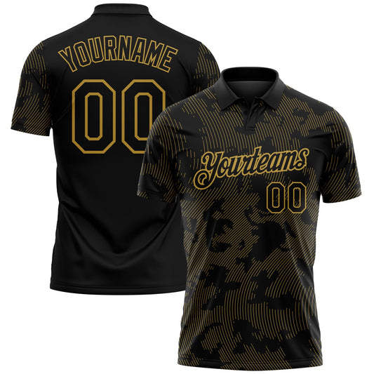 Custom Black-Old Gold 3D Pattern Abstract Fluid Line Performance Polo Shirt - Main View