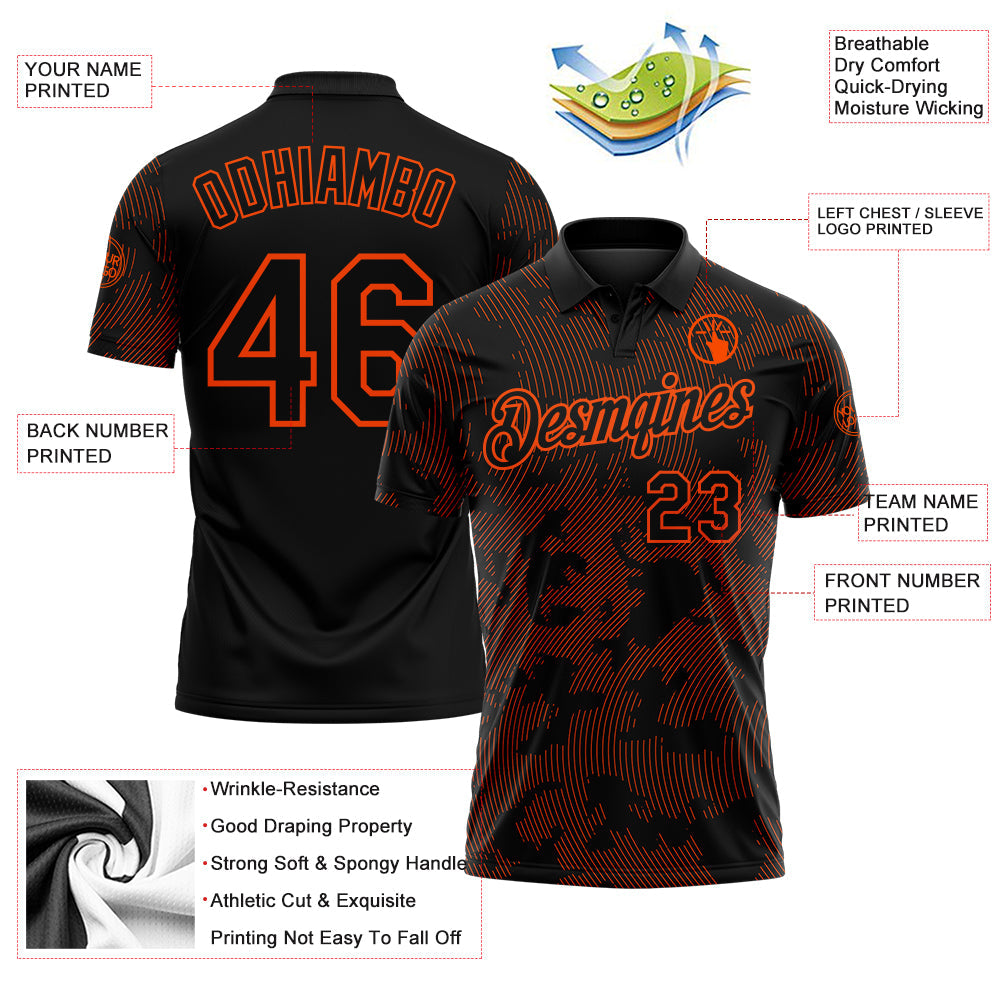 Custom Black-Orange 3D Pattern Abstract Fluid Line Performance Polo Shirt view 3