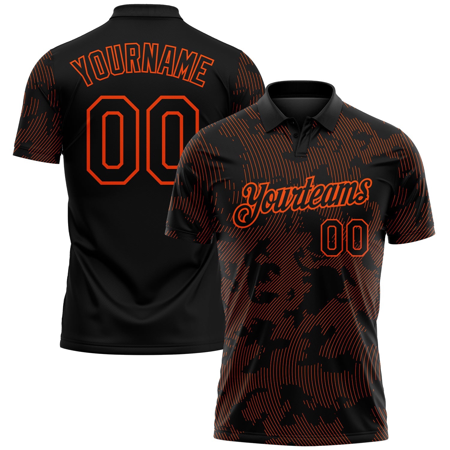 Custom Black-Orange 3D Pattern Abstract Fluid Line Performance Polo Shirt - Main View