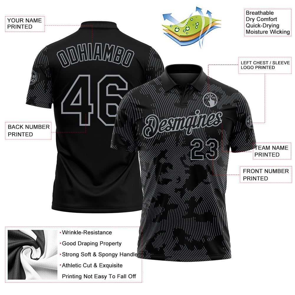 Custom Black-Gray 3D Pattern Abstract Fluid Line Performance Polo Shirt view 3