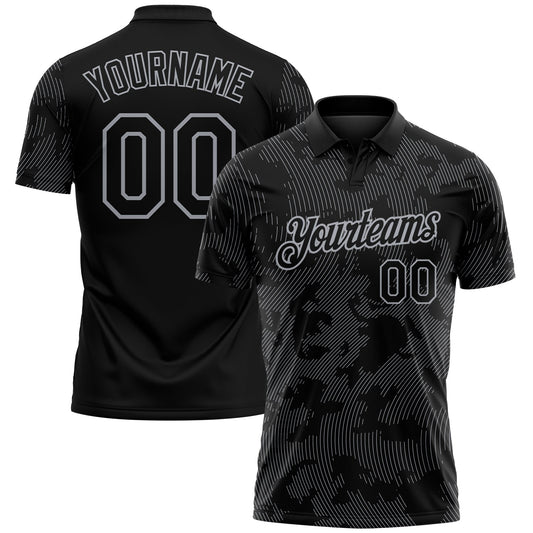 Custom Black-Gray 3D Pattern Abstract Fluid Line Performance Polo Shirt - Main View