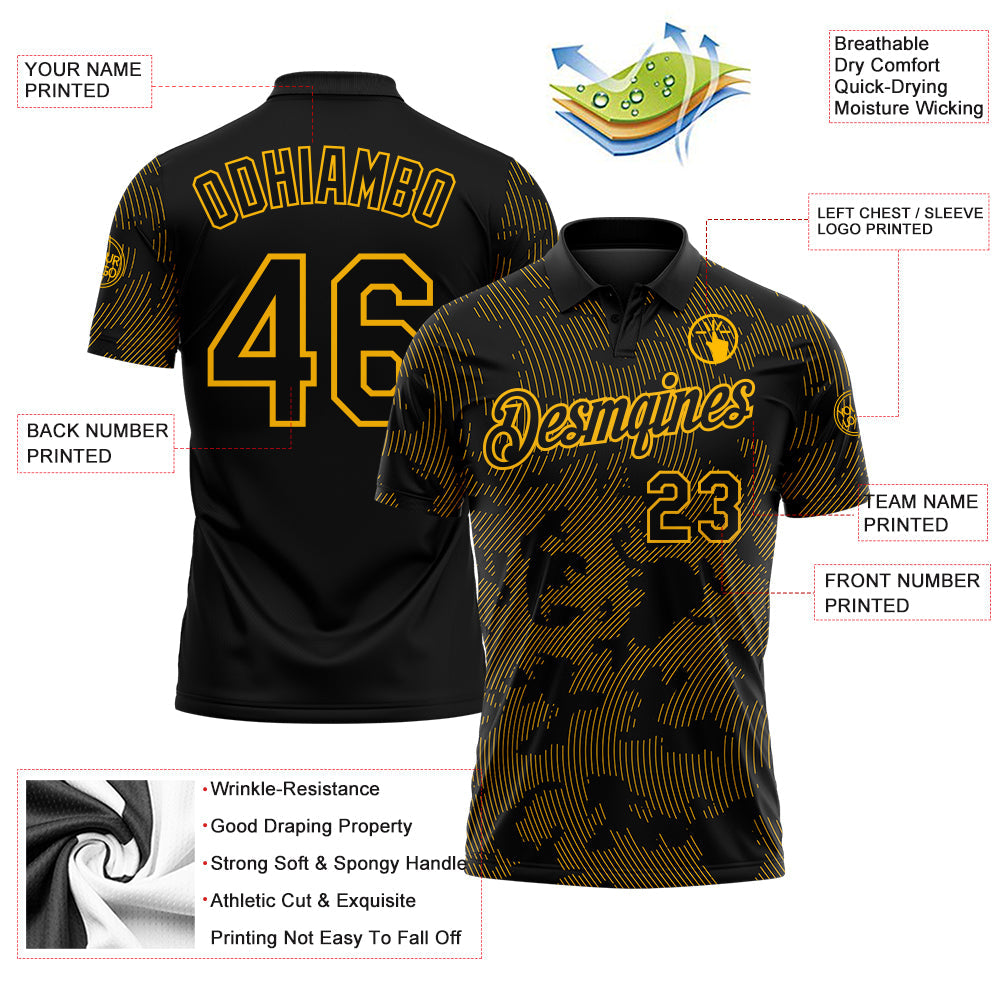 Custom Black-Gold 3D Pattern Abstract Fluid Line Performance Polo Shirt view 3