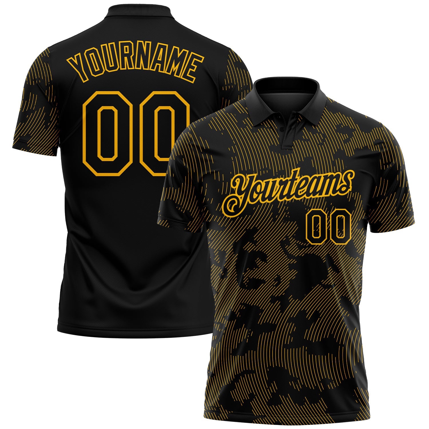 Custom Black-Gold 3D Pattern Abstract Fluid Line Performance Polo Shirt - Main View